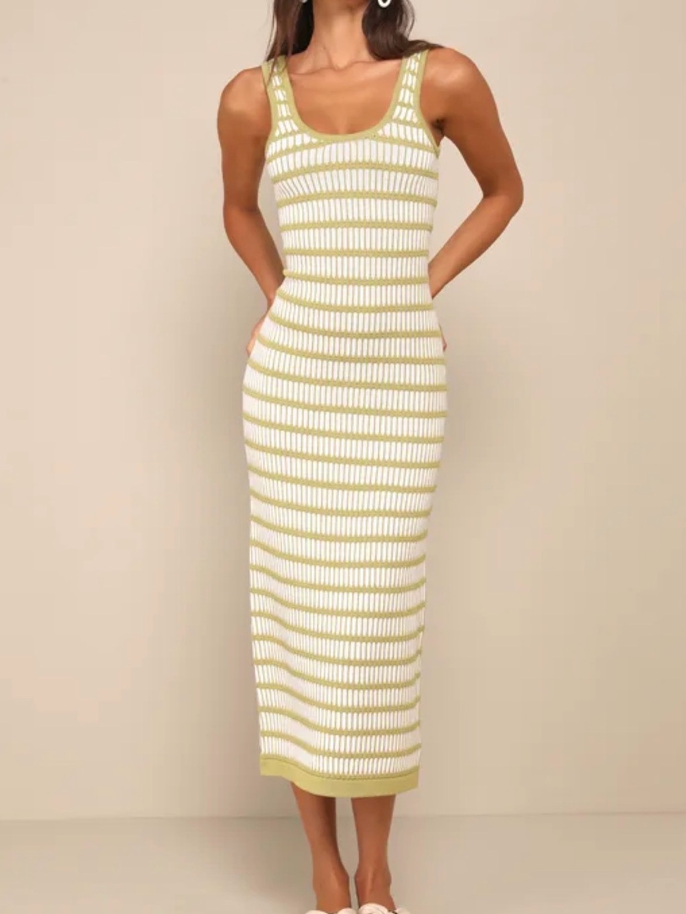 Green and Ivory Striped Cutout Knit Midi Dress *used one time*